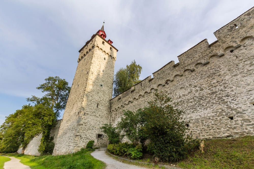 Historic walls and mountain scenery in Lucerne